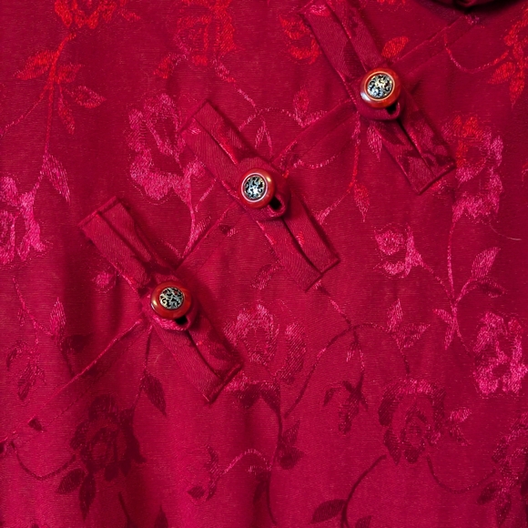 Vintage Asian Elegant Wine Red Maxi Dress 90s Y2k Jacquard Chinese Wedding Sz. 8 - Picture 8 of 13